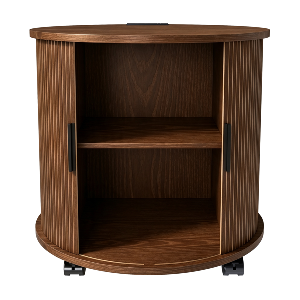 Mid Century Modern Cylinder End Table with Built-in Charging Station & Sliding Door, 2-Tier Storage Round Nightstand with USB Ports, Walnut Bedside Table for Living Room, Bedroom, Entryway-15