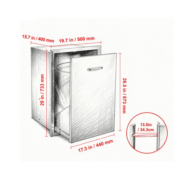 不锈钢拉出式垃圾抽屉19.7W x 26.5H英寸，带垃圾袋环的户外厨房抽屉，适用于烧烤岛和烧烤站-3