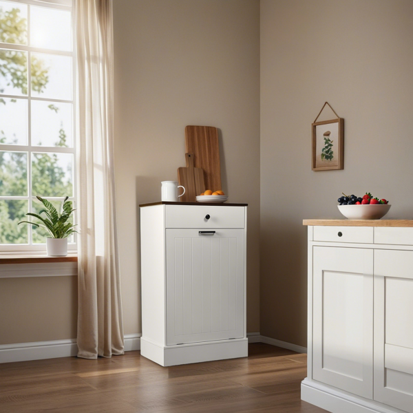 Tilt Out Trash Can Cabinet, Hidden Wooden Trash Can Cabinet with Drawer, Free Standing Garbage Cabinet for Kitchen, 10 Gallon Farmhouse Laundry Hamper Cabinet for Kitchen, Living Room (White)-10