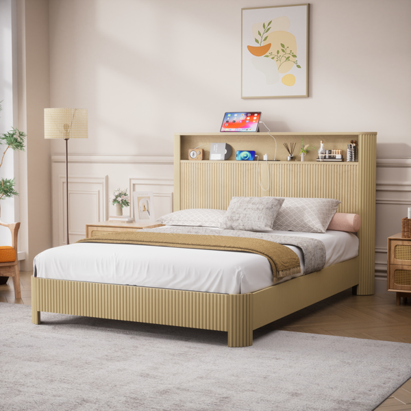 Queen Size bed frame with storage headboard, built-in charging station, wavy curved lines design, silent operation, metal support, Natural-1
