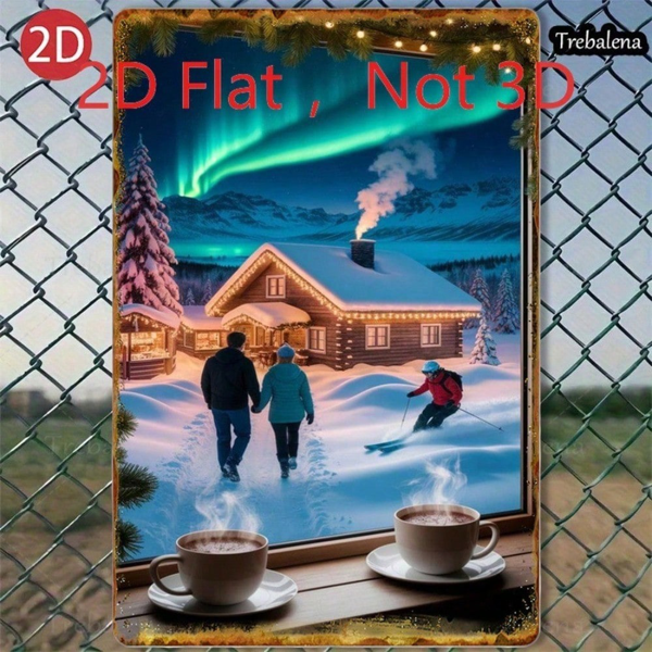 CIFbuy 冬季北极光雪景小屋情侣滑雪锡制装饰牌，2D平面艺术，20x30厘米（TikTok, temu 自提物流）-3