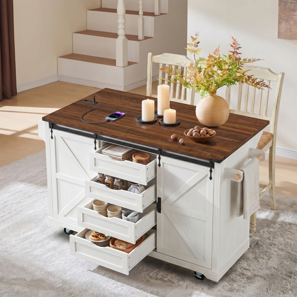 K&K 72" Farmhouse Kitchen Island with Fridge Storage Space & Power Outlet, Rolling Coffee Bar Cabinet on Wheels with 4 Drawers, Sliding Barn Door, Glass Holder, Drop Leaf, Island Kitchen Table, White-42