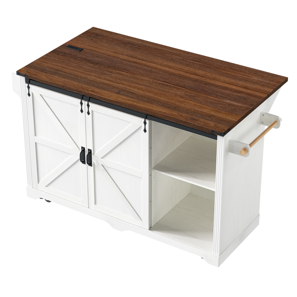 K&K 72" Farmhouse Kitchen Island with Fridge Storage Space & Power Outlet, Rolling Coffee Bar Cabinet on Wheels with 4 Drawers, Sliding Barn Door, Glass Holder, Drop Leaf, Island Kitchen Table, White-3