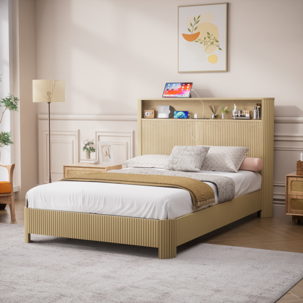 Full Extra Long(Full XL) Size bed frame with storage headboard, built-in charging station, wavy curved lines design, silent operation, metal support, Natural-1