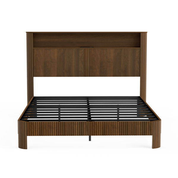 Queen Size bed frame with storage headboard, built-in charging station, wavy curved lines design, silent operation, metal support, Walnut-7