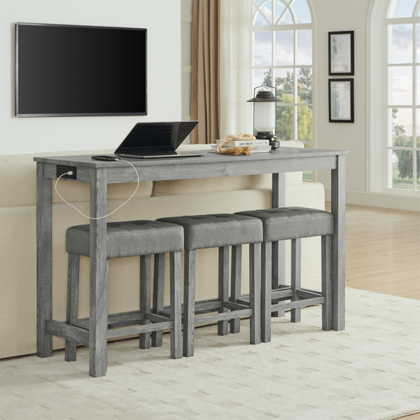 59 Inch Bar Table, Dining Table, Sofa Table with Power Outlet, 3 Upholstered Stools, 4 Piece Bar Table and Chair Set for Living Room, Dining Room, Kitchen-4