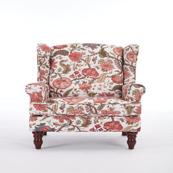 Modern Accent Chair with Retro Wood Legs, Comfy Upholstered Armchair, Floral Design Single Sofa Chair for Living Room Bedroom Office - Floral Red-12