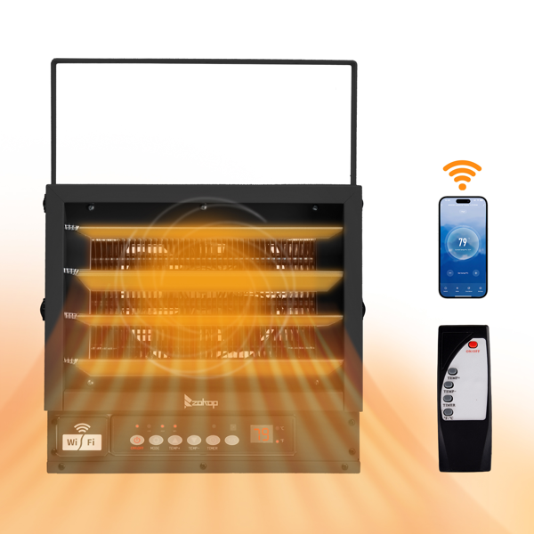 美规 CZ230W 240V 7500W 取暖器 黑色 铁 带WIFI/金属发热管/可调温/定时//带显示/带遥控器/不带电源线 工业取暖器-5