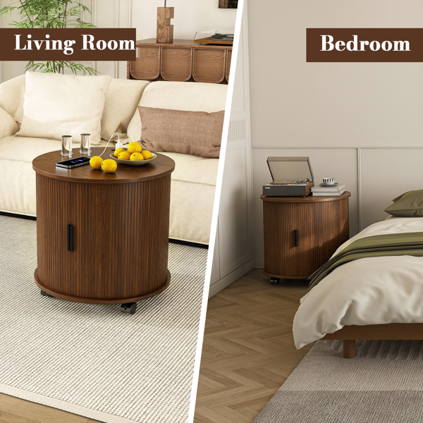 Mid Century Modern Cylinder End Table with Built-in Charging Station & Sliding Door, 2-Tier Storage Round Nightstand with USB Ports, Walnut Bedside Table for Living Room, Bedroom, Entryway-8