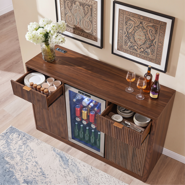 K&K 59" Coffee Bar Cabinet with Fridge Space & Tilt-Out Trash Cabinet, Mini Fridge Wine Cabinet with Storage/Charging Station, Fluted Buffet Sideboard with Glass Holder for Dining Room, Walnut Brown-25