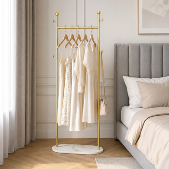 Clothing Rack, Golden Metal Freestanding Heavy Duty Clothes Rack with Marble Pattern Sintered Stone Base, Multipurpose Garment Hanger for Bedroom, Hat, Scarf, Jacket