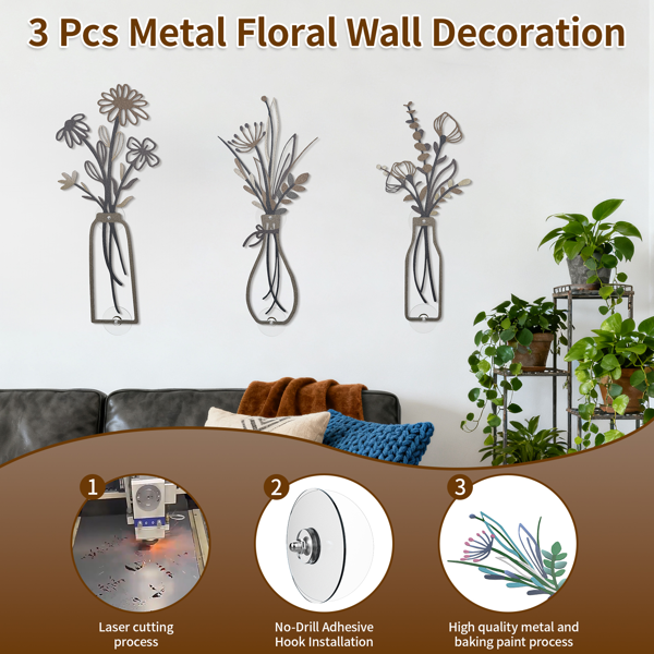 3-Piece Set of Neutral-Toned Metal Vase Wall Decor, Vintage Wrought Iron Vase Wall Hangings, Includes Self-Adhesive Mounting Plates, Suitable for Living Room, Bedroom, and Apartment Decor (Not from an eBay-Certified Warehouse)-6