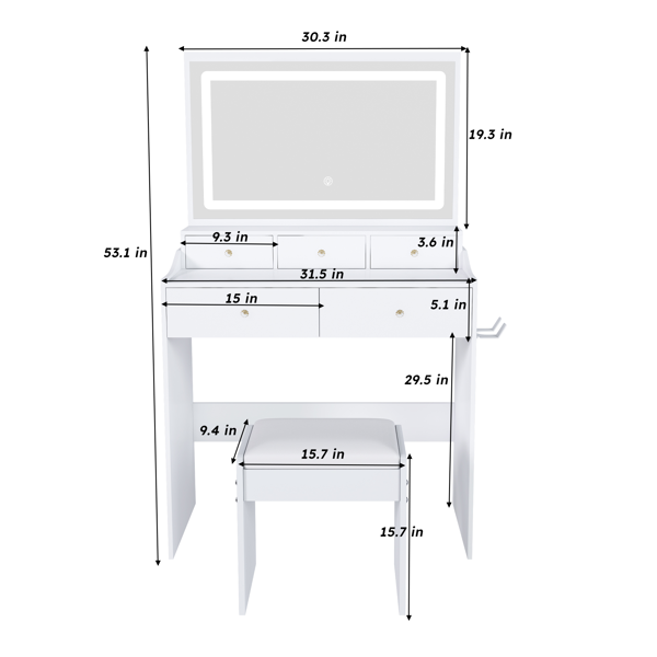 New Large Mirror Vanity Desk for Bed room  , Modern Makeup Vanity Set with Power Outlet and Hair dryer holder, 5 Drawers , 3 Lighting Color Adjustable Dressing Table for Bedroom, White Color-11