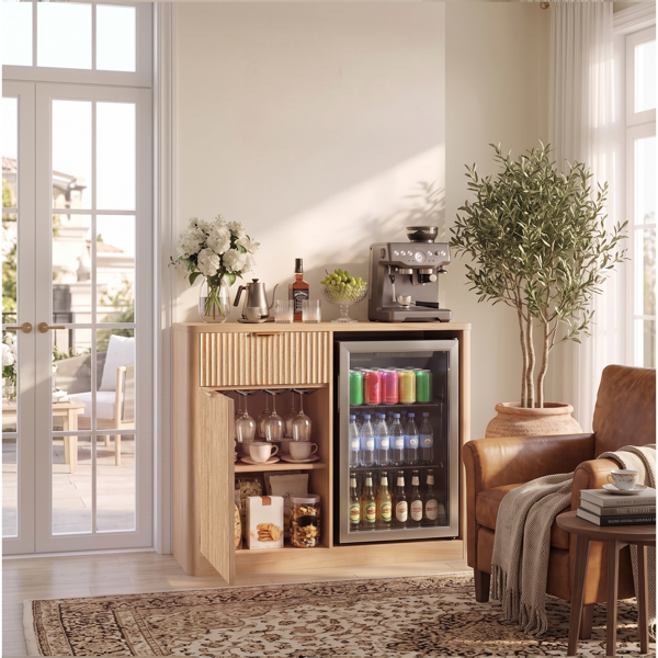 K&K 39.4" Coffee Bar Cabinet with Fridge Space, Mini Fridge Liquor Cabinet with Wine Storage & Charging Station, Fluted Buffet Sideboard with Glass Holder for Living Room Kitchen, Natural Oak-5