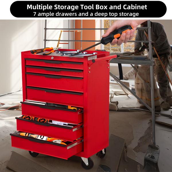 7-Drawer Rolling Tool Chest Cabinet, Large Capacity Metal  Tool Box with Wheels and Cylinder Locking, Roll Around Storage Organizer Tool Cart for Garage, Warehouse, Work Shop - Red-7