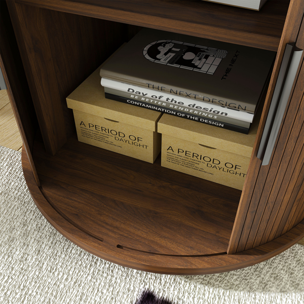Mid Century Modern Cylinder End Table with Built-in Charging Station & Sliding Door, 2-Tier Storage Round Nightstand with USB Ports, Walnut Bedside Table for Living Room, Bedroom, Entryway-21