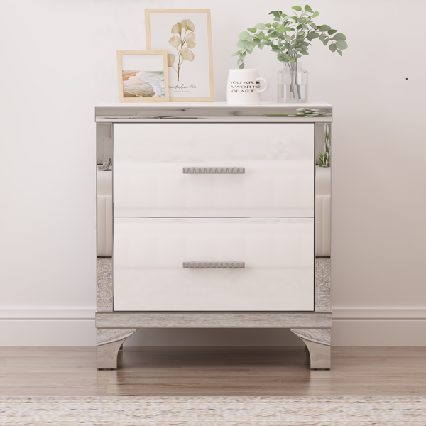 Elegant High Gloss Nightstand with Metal Handle,Mirrored Bedside Table with 2 Drawers for Bedroom,Living Room,White-3