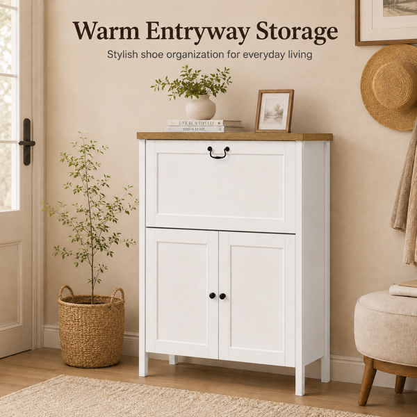 Shoe Cabinet with Flip Drawer, Boot Rack and 6 Boot Clips, Narrow Entryway Shoe Cabinet with Adjustable Shelf, Freestanding Shoe Organizer Cabinet for Entryway, Foyer, 31.5"W x 15.7"D x 45.3"H-White-2