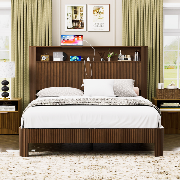 Queen Size bed frame with storage headboard, built-in charging station, wavy curved lines design, silent operation, metal support, Walnut-3