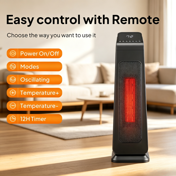 美规 HT1023 120V 1500W 取暖器 黑色 塑料 23寸塔式/PTC/配遥控 三档加热/可调温/定时/摇头-3