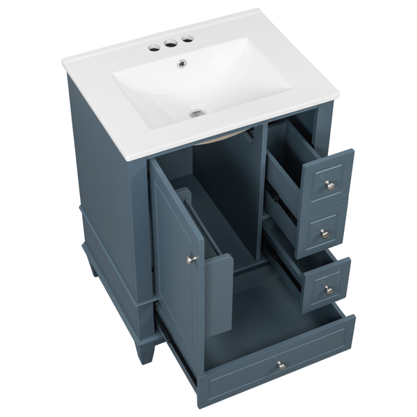 24" Bathroom Vanity with Sink and Drawers, Gray Blue Freestanding Vanity Cabinet with Ceramic Top and Storage Shelves, MDF and Solid Wood Base, Modern Sink Cabinet for Small Bathrooms-4