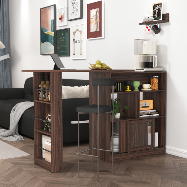 Modern Bar Cabinet with Rotating top, Counter Height Dining Cabinet with 6 Storage space and 2 Ribbed Glass Door for Kitchen, The Rotating Top with 3 Storage Shelves Dining Room, Living Room, Walnut-6