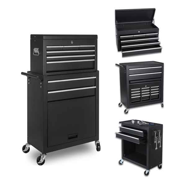 Tool Chest, 8-Drawer Rolling Tool Storage Cabinet with 2 in 1 Detachable Top Tool Box, Liner, Lockable Wheels, Side Hooks, Locking Mechanism, Metal Tool Cart for Garage-1