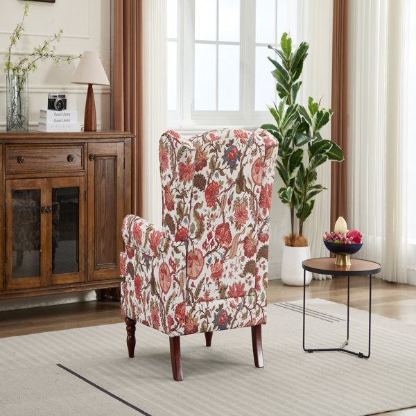Modern Accent Chair with Retro Wood Legs, Comfy Upholstered Armchair, Floral Design Single Sofa Chair for Living Room Bedroom Office - Floral Red-22