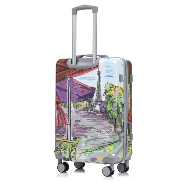 20"/24"/28" 3 pcs/set in PC Spinner Wheel Luggage, Carry on Suitcase, With Printed pattern and Combination Lock (Coffee+Iron Tower)-24