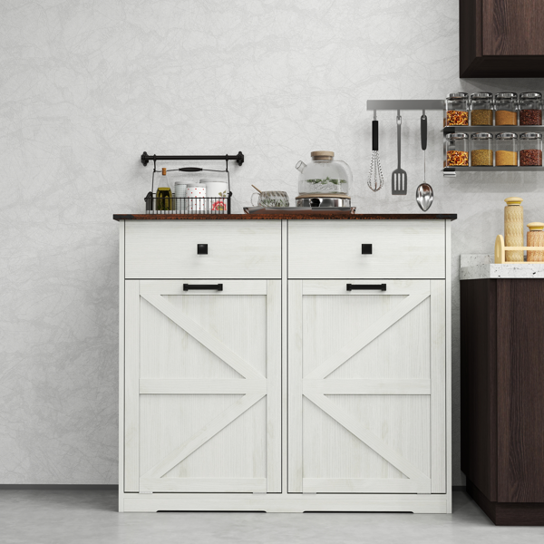 Farmhouse Double Tilt Out Trash Cabinet for 20 Gallon Trash Cans, Free Standing Recycling Cabinet with Hideaway Drawer, Barn Door Style Laundry Sorter Cabinet, Tilt Out Trash Cabinet for Kitchen-7