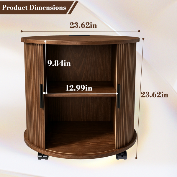 Mid Century Modern Cylinder End Table with Built-in Charging Station & Sliding Door, 2-Tier Storage Round Nightstand with USB Ports, Walnut Bedside Table for Living Room, Bedroom, Entryway-7