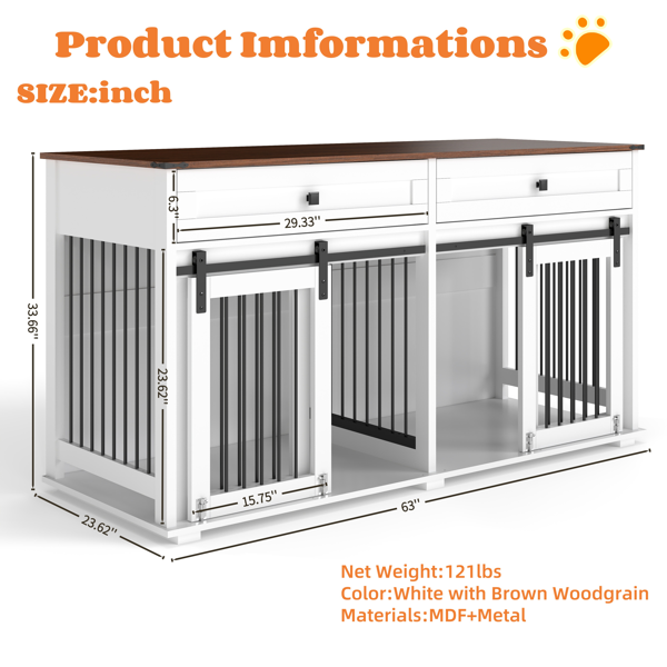 63'' Large Dog Crate Furniture for Double Dog, Wooden Dog Kennel with 2 Drawers,Divider and Sliding Door, Water Resistant Indoor Pets Furniture Style Double Dog Crates-8