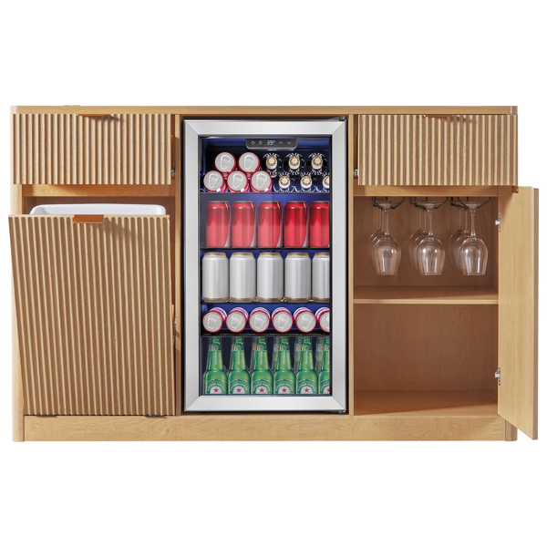 K&K 59" Coffee Bar Cabinet with Fridge Space & Tilt-Out Trash Cabinet, Mini Fridge Wine Cabinet with Storage/Charging Station, Fluted Buffet Sideboard with Glass Holder for Dining Room, Natural Oak-4