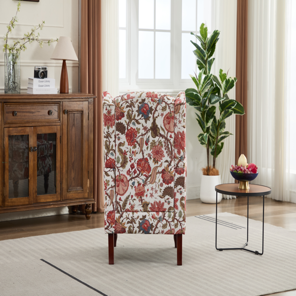 Modern Accent Chair with Retro Wood Legs, Comfy Upholstered Armchair, Floral Design Single Sofa Chair for Living Room Bedroom Office - Floral Red-2