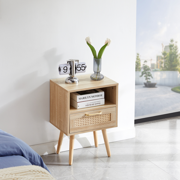 15.75" Rattan End table with  drawer and solid wood legs, Modern nightstand, side table for living room, bedroom,natural-1