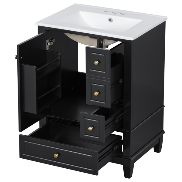 24" Bathroom Vanity with Sink and Drawers, Black Freestanding Vanity Cabinet with Ceramic Top and Storage Shelves, MDF and Solid Wood Base, Modern Sink Cabinet for Small Bathrooms-30