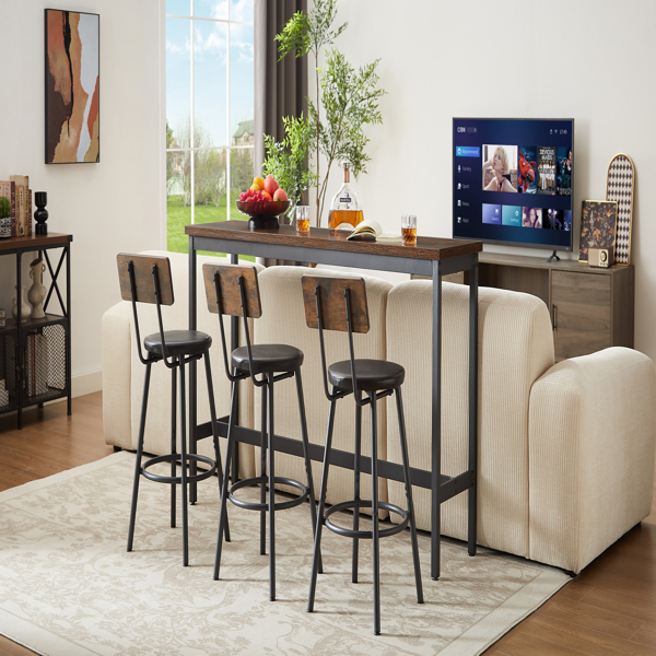 Long Bar Table Set with 3 PU Upholstered Bar Stools, Industrial Bar Table and Chairs for Kitchen Breakfast Table, Living Room, Banquet Hall, Rustic Brown and Black, 63″L x15.7"W x 37.5"H-3