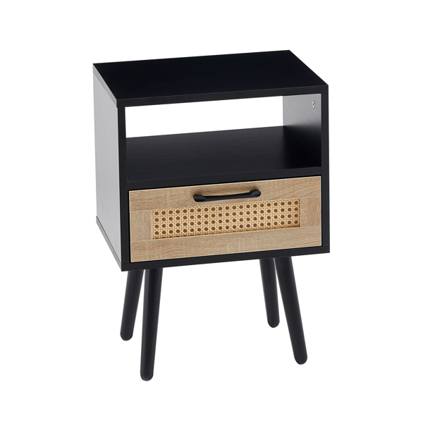 15.75" Rattan End table with  drawer and solid wood legs, Modern nightstand, side table for living room, bedroom, black-8