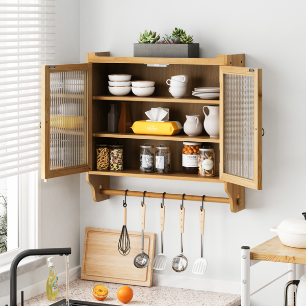 24.8''Glass Door Vintage Double Door Wall Cabinet With Three Tiers of Storage With Towel Rack,for Bathroom, Kitchen,,Dining Room,Natural-4