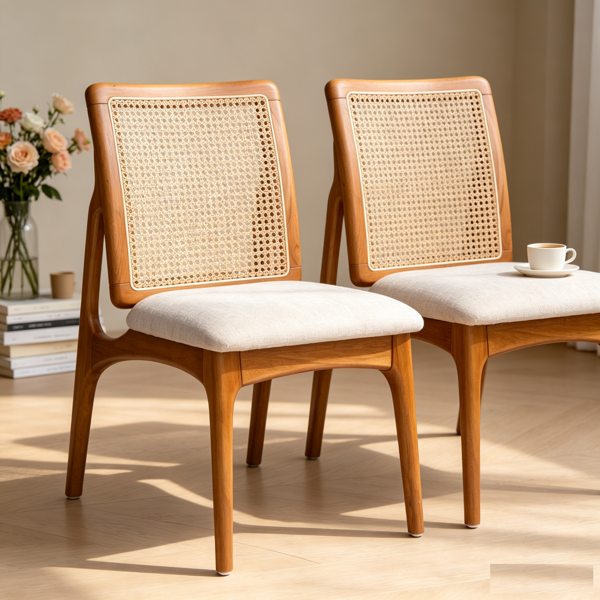 Set of 2 Mid Century Modern Rattan Dining Chairs, Solid Rubber Wood Frame Dining Side Chairs with Natural Cane Rattan Backrest-13
