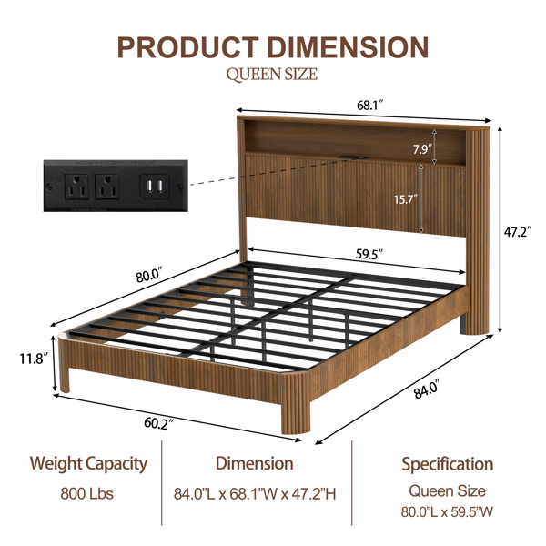 Queen Size bed frame with storage headboard, built-in charging station, wavy curved lines design, silent operation, metal support, Walnut-6