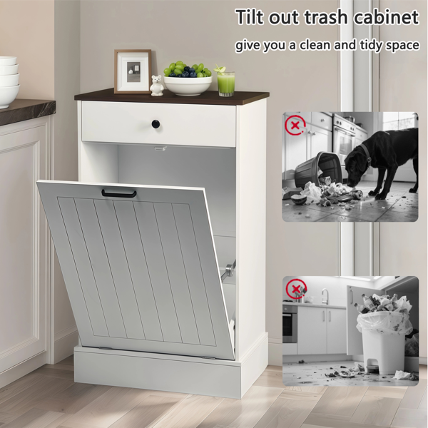 Tilt Out Trash Can Cabinet, Hidden Wooden Trash Can Cabinet with Drawer, Free Standing Garbage Cabinet for Kitchen, 10 Gallon Farmhouse Laundry Hamper Cabinet for Kitchen, Living Room (White)-3