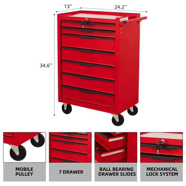 7-Drawer Rolling Tool Chest Cabinet, Large Capacity Metal  Tool Box with Wheels and Cylinder Locking, Roll Around Storage Organizer Tool Cart for Garage, Warehouse, Work Shop - Red-2