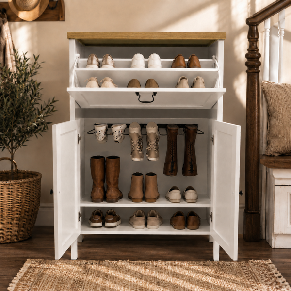 Shoe Cabinet with Flip Drawer, Boot Rack and 6 Boot Clips, Narrow Entryway Shoe Cabinet with Adjustable Shelf, Freestanding Shoe Organizer Cabinet for Entryway, Foyer, 31.5"W x 15.7"D x 45.3"H-White-4