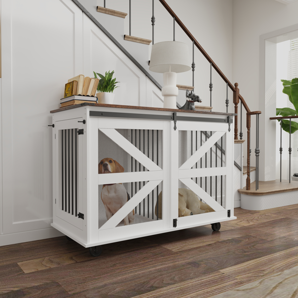 47.2" Mobile Dog Crate with Flip-Top Feeding Door, Dual-Access & 5 Caster System (2 Locking), Side Hooks - Multi-Functional Pet Kennel,double dog crate furniture-7