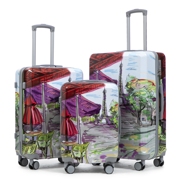 20"/24"/28" 3 pcs/set in PC Spinner Wheel Luggage, Carry on Suitcase, With Printed pattern and Combination Lock (Coffee+Iron Tower)-20