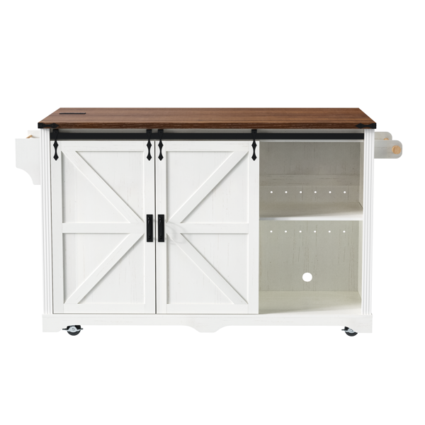 K&K 72" Farmhouse Kitchen Island with Fridge Storage Space & Power Outlet, Rolling Coffee Bar Cabinet on Wheels with 4 Drawers, Sliding Barn Door, Glass Holder, Drop Leaf, Island Kitchen Table, White-36