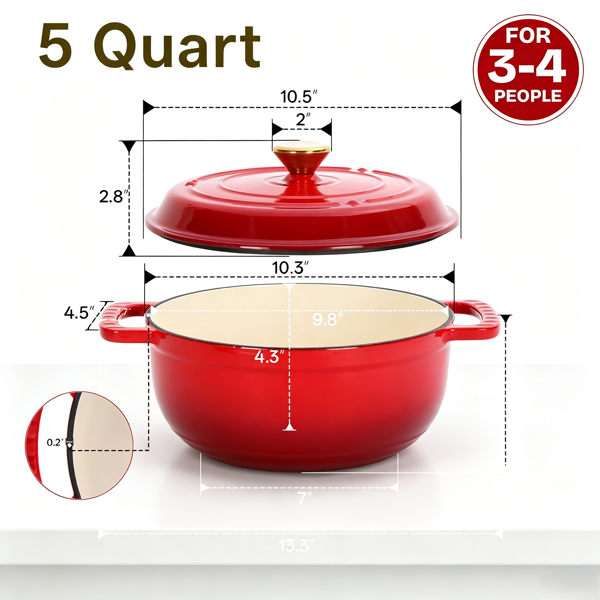 铸铁 5QT 烹饪锅具 红色渐变 含两个硅胶手套 珐琅锅-6