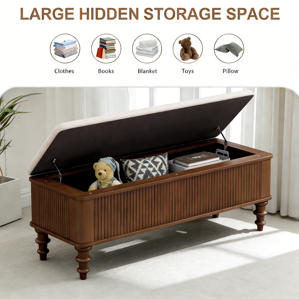 50.8-inch Multi-Functional Storage Ottoman Bench-Solid Rubberwood Bed End Bench with Linen Seat, Storage Bench for Bedroom, Entryway Shoe Organizer for Bedroom, Living Room, Entryway, Closet, Walnut-13