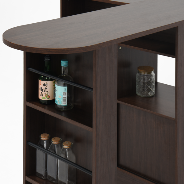 Modern Bar Cabinet with Rotating top, Counter Height Dining Cabinet with 6 Storage space and 2 Ribbed Glass Door for Kitchen, The Rotating Top with 3 Storage Shelves Dining Room, Living Room, Walnut-18